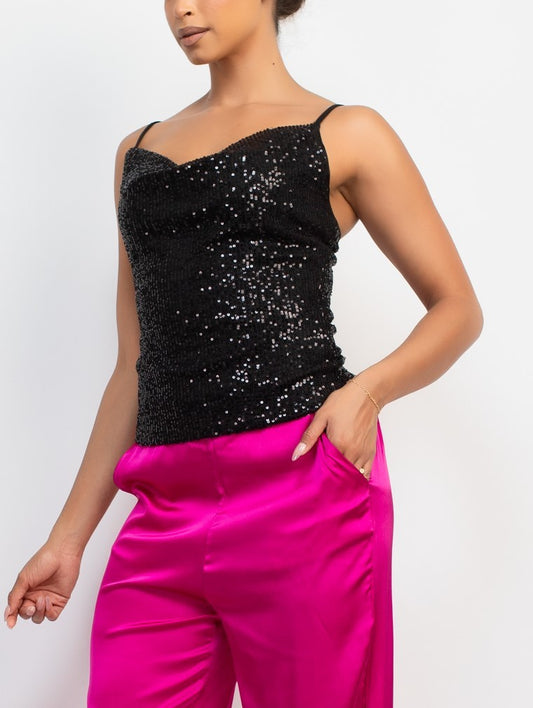 Sequin Cowl Neck Sleeveless Top