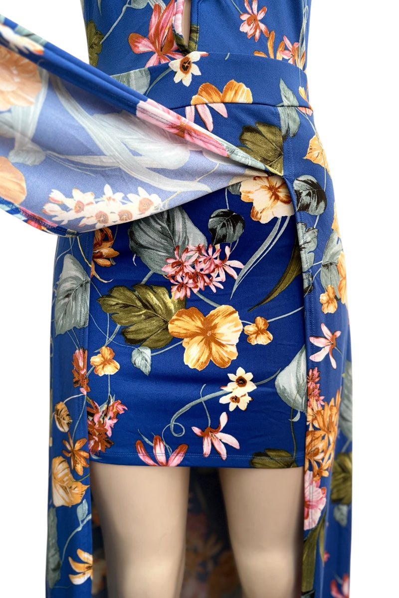 Floral patterned fabric with a blue background