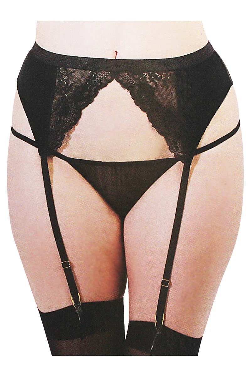 Black lace garter belt with stockings on a white background