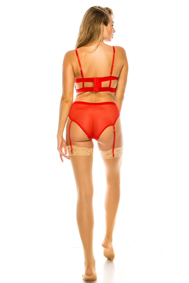 Lace 2 Pcs Bra and Garter Panty Set - Red