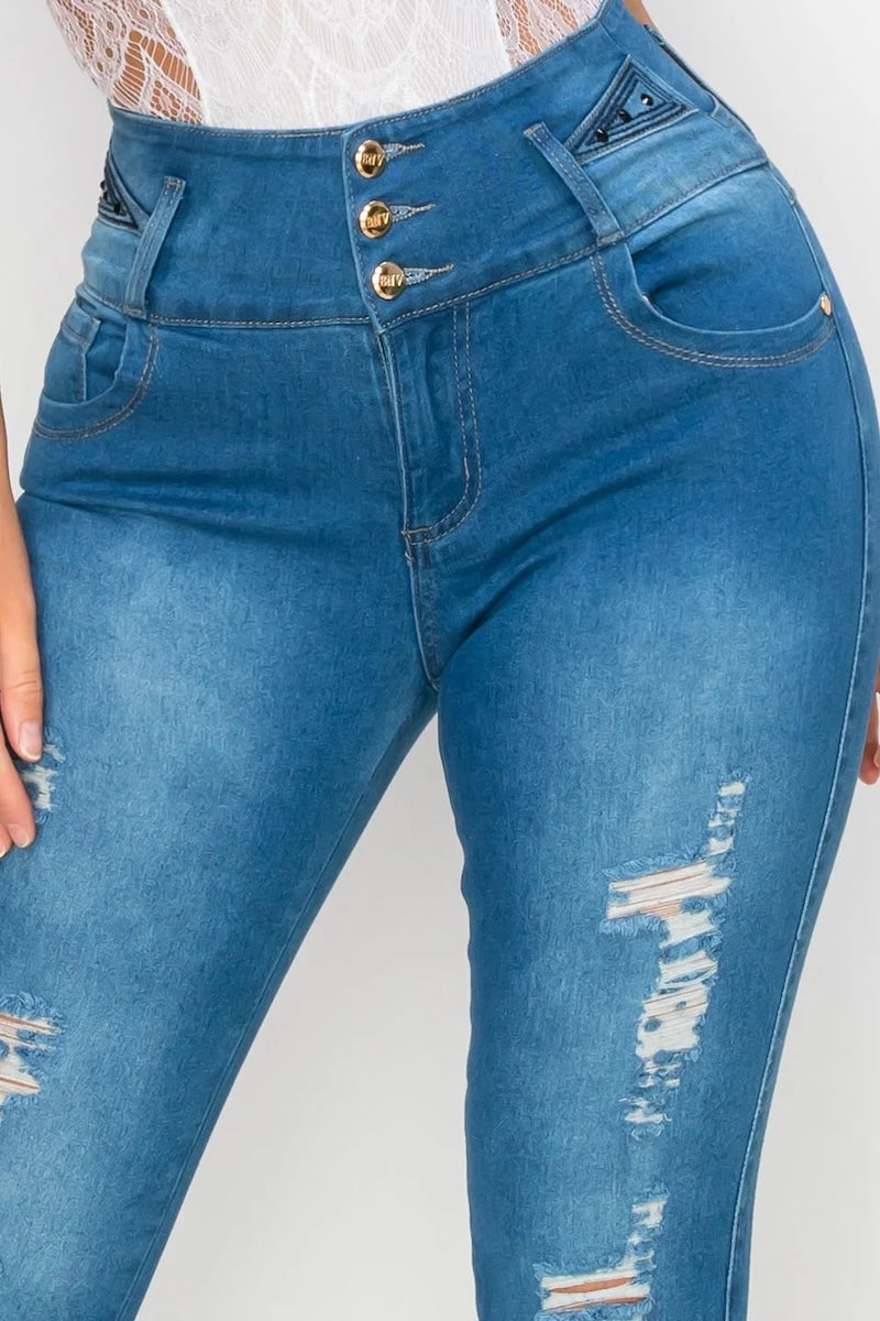 High Waisted Studded Ripped Skinny Jeans #G239