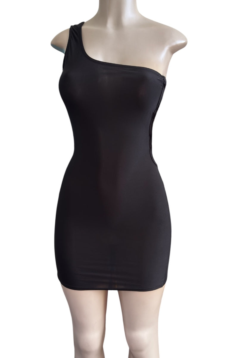 Black one-shoulder dress on a mannequin against a white background