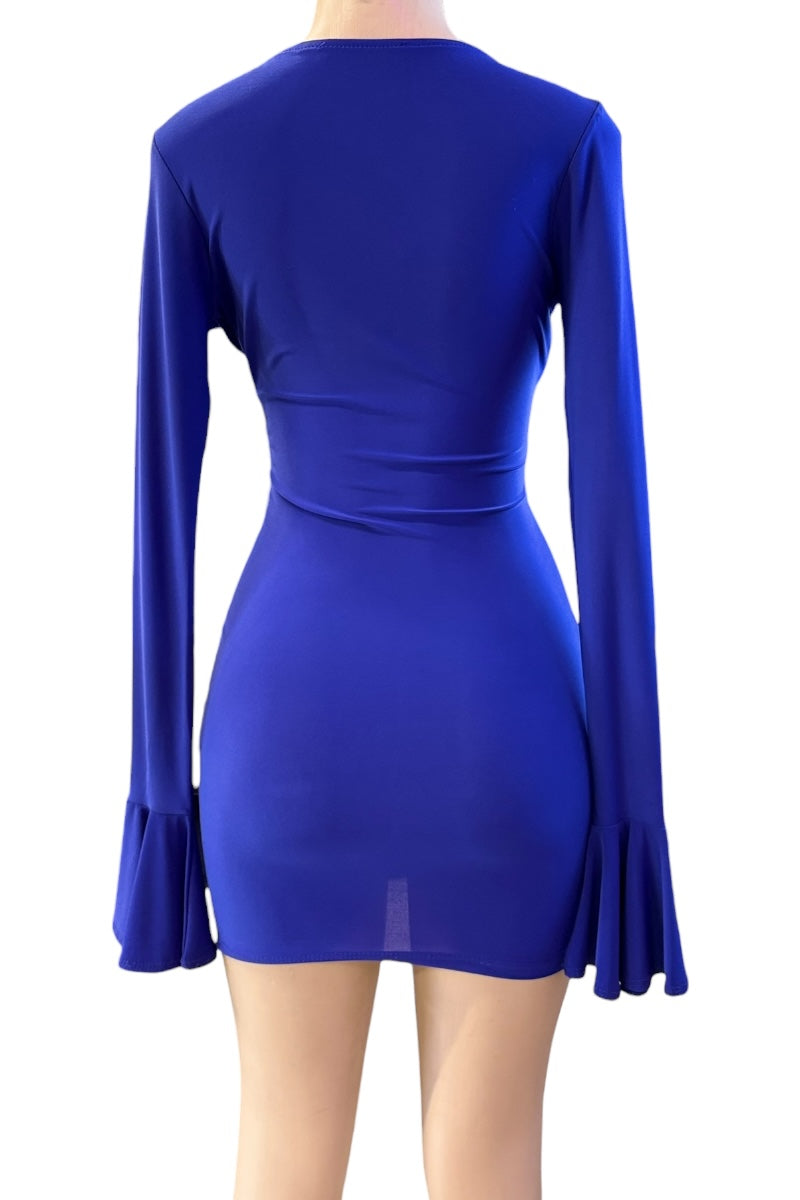 Blue dress with long sleeves on a white background