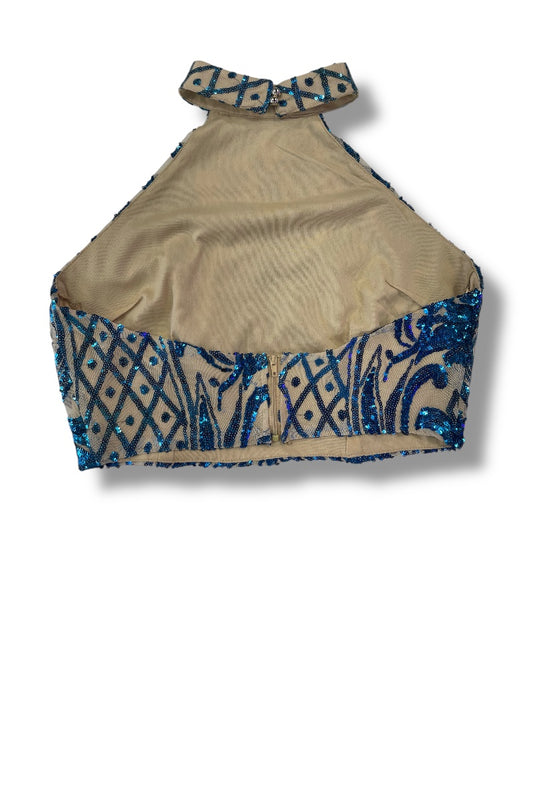 Blue Sequins Mesh Halter Crop Top