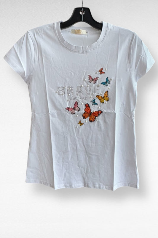 Brave & Wild Studded Butterfly Graphic Tee - White