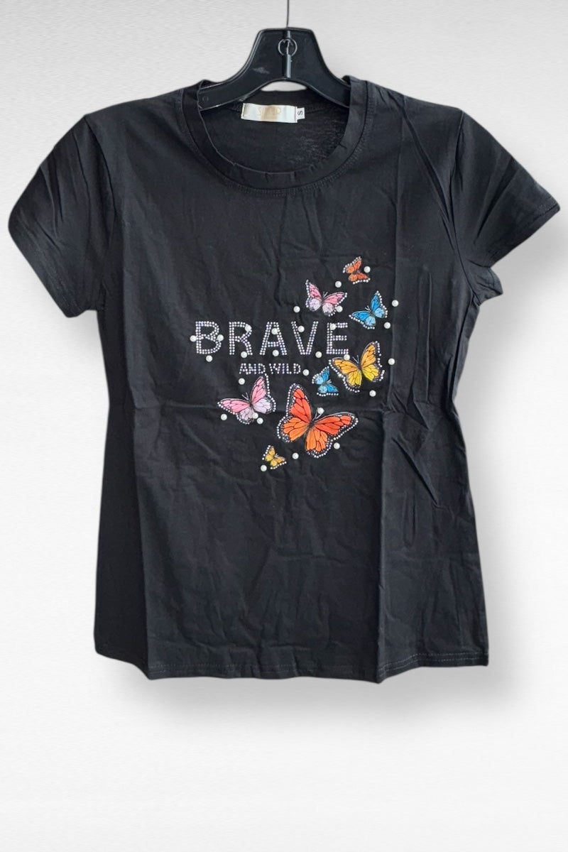 Brave & Wild Studded Butterfly Graphic Tee - Black