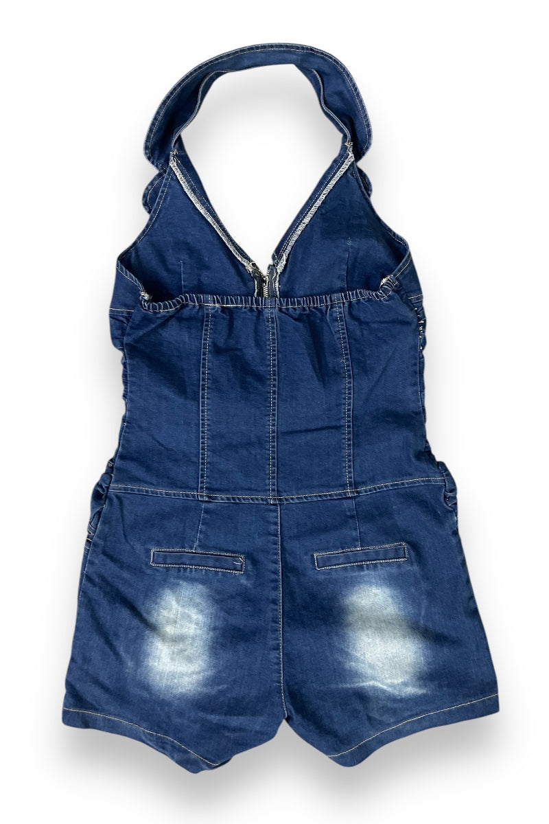 Buckled Ruched Halter Denim Romper