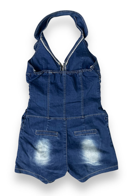 Buckled Ruched Halter Denim Romper
