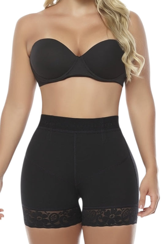 Black strapless bra and high-waisted shorts with lace trim on a white background