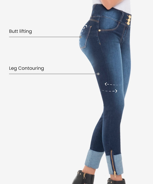 Blue jeans with text labels on a white background