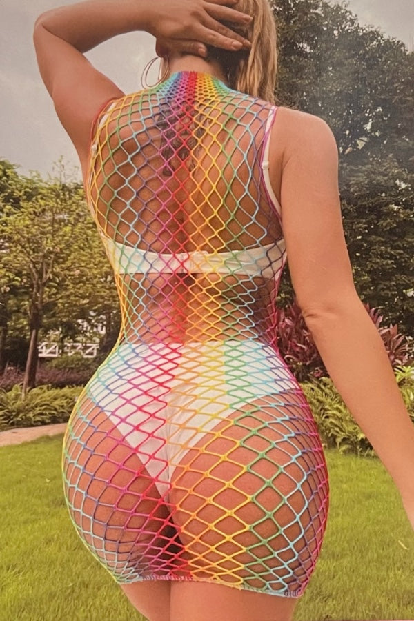 Rainbow Mock Neck Fishnet Dress