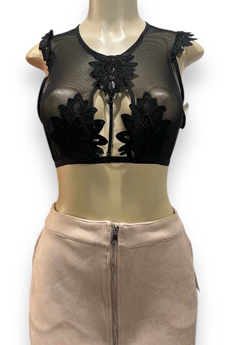 Caged Mesh and Lace Crop Top