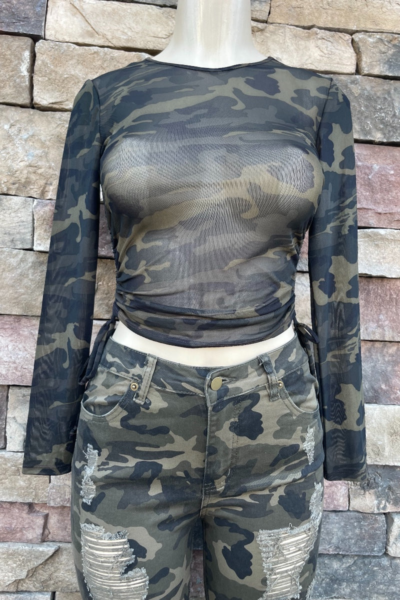 Mesh Drawstring Long Sleeve Top - Camouflage