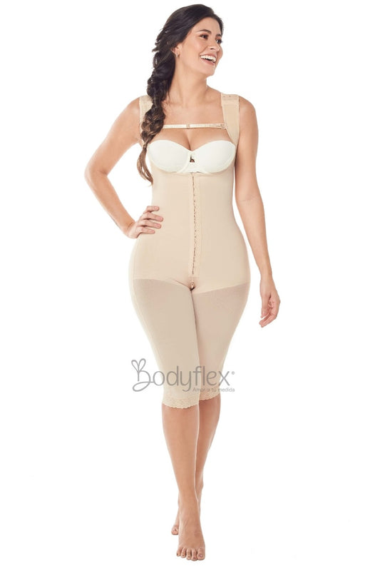 Woman wearing a beige shapewear garment on a white background with 'Bodyflex' branding.