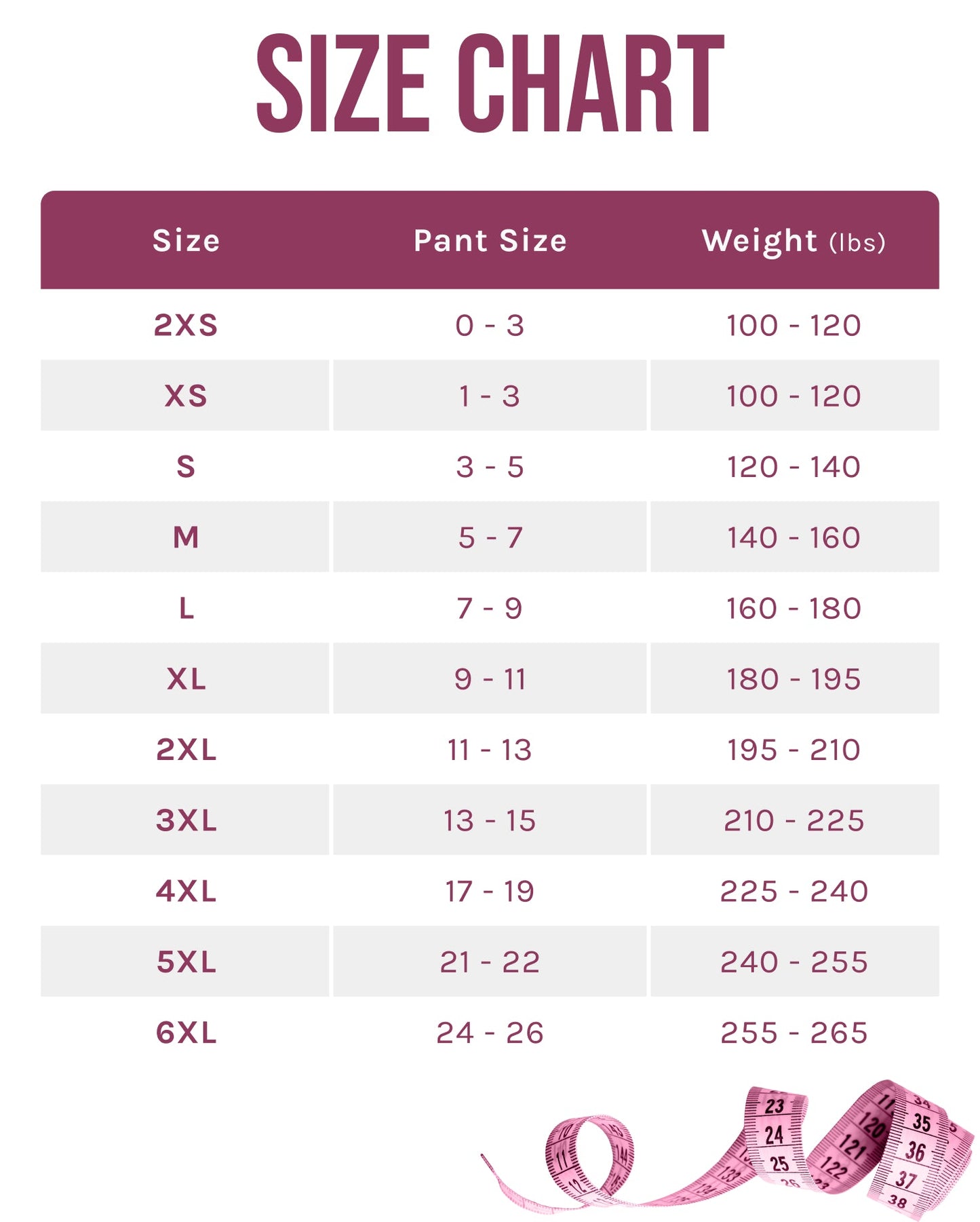 Size chart for shaper with weight range on a white background