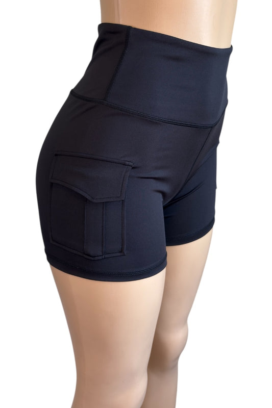 Black athletic shorts with pockets on a white background