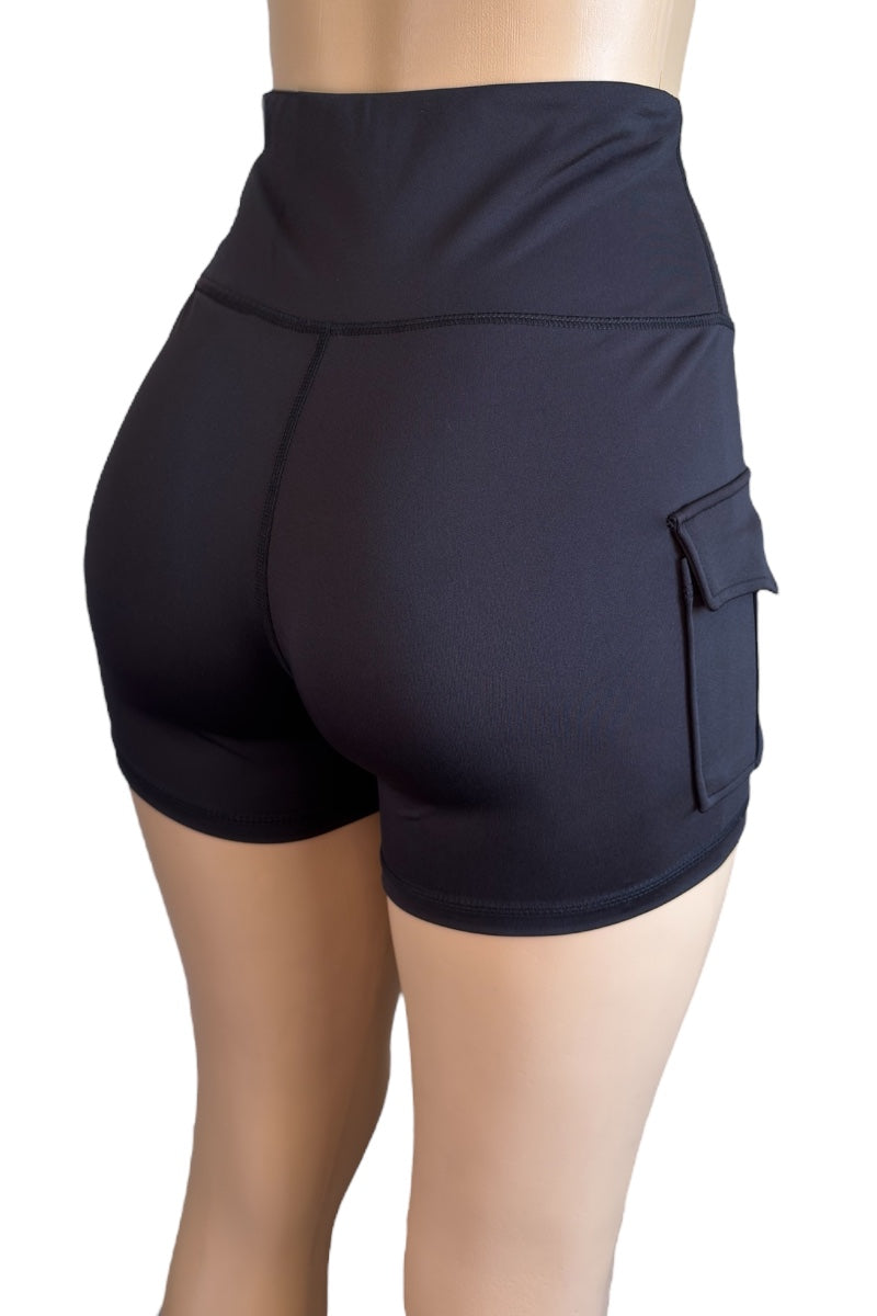 Black athletic shorts with a pocket on a white background