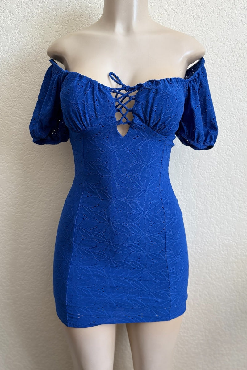 Blue off-shoulder dress on a mannequin against a plain background