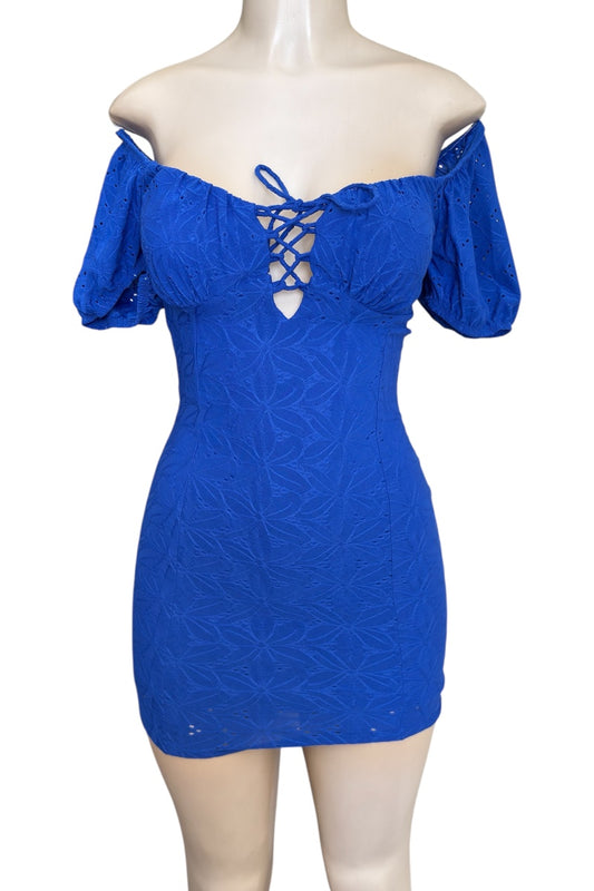 Blue off-shoulder dress on a mannequin against a white background