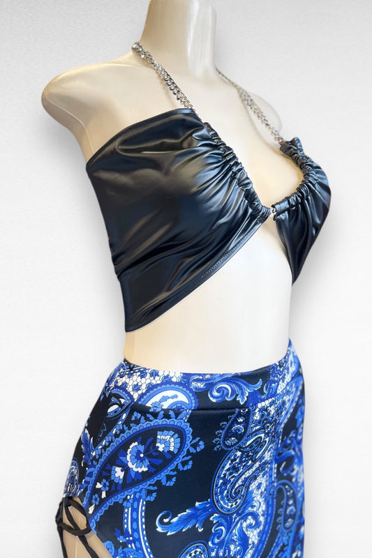 Chain Halter Faux Leather Crop Top