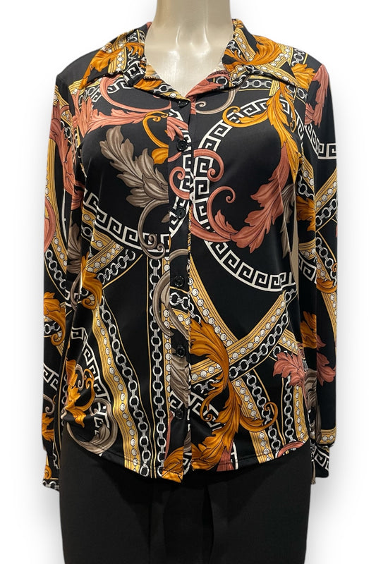 Chain Print Buttoned Blouse- Black