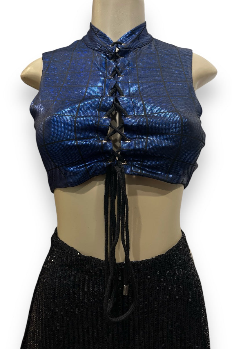 Checkered Lace Up Metallic Crop Top