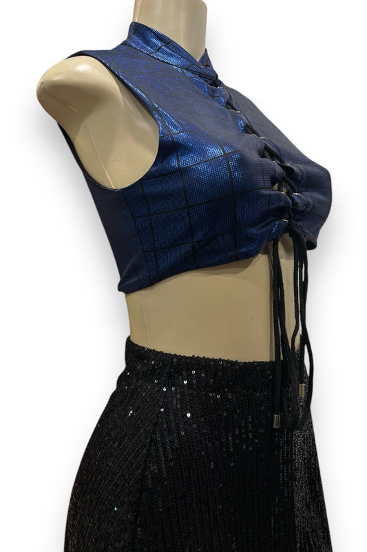 Checkered Lace Up Metallic Crop Top