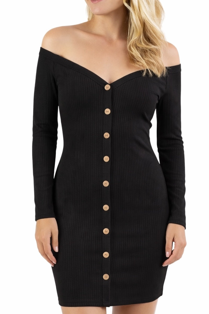 Black off-shoulder dress with button details on a white background