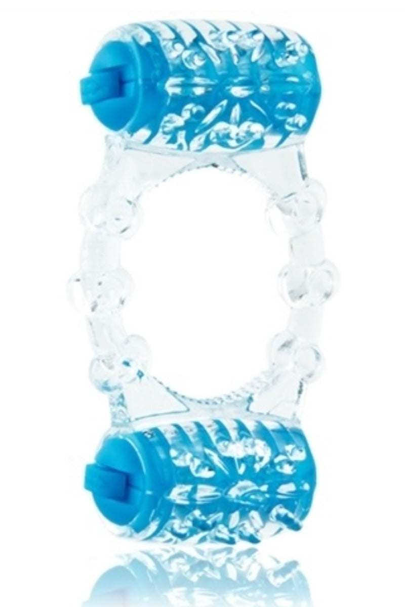 Clear and blue pet toy with rolling wheels on a white background