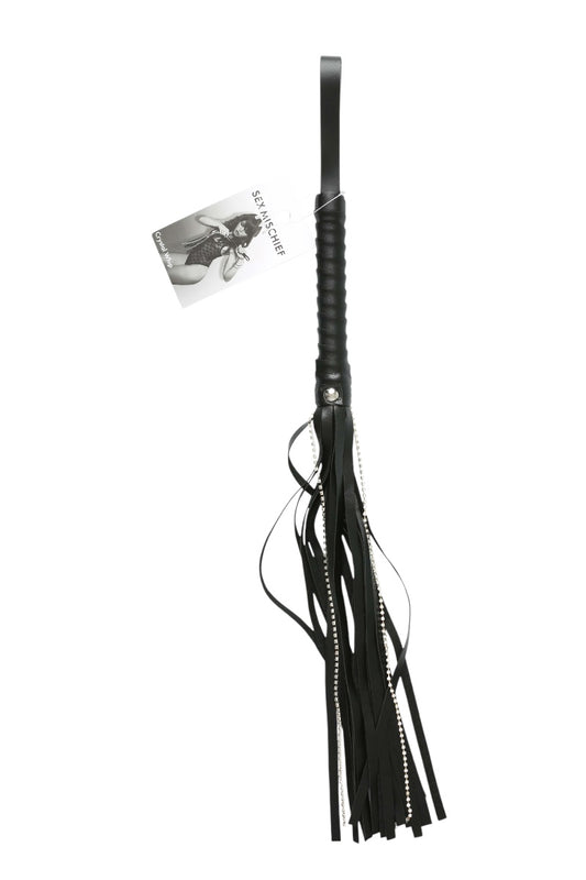 Black leather whip with tassels on a white background