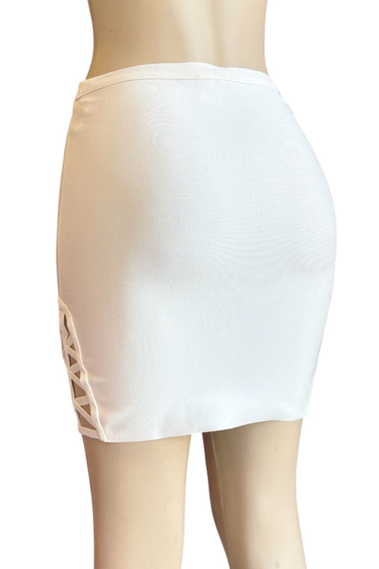cream skirt on a mannequin against a white background