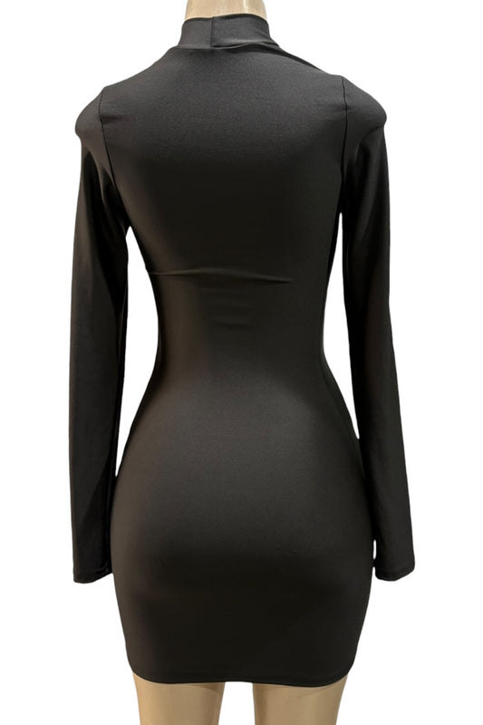 Black dress on a mannequin with a white background