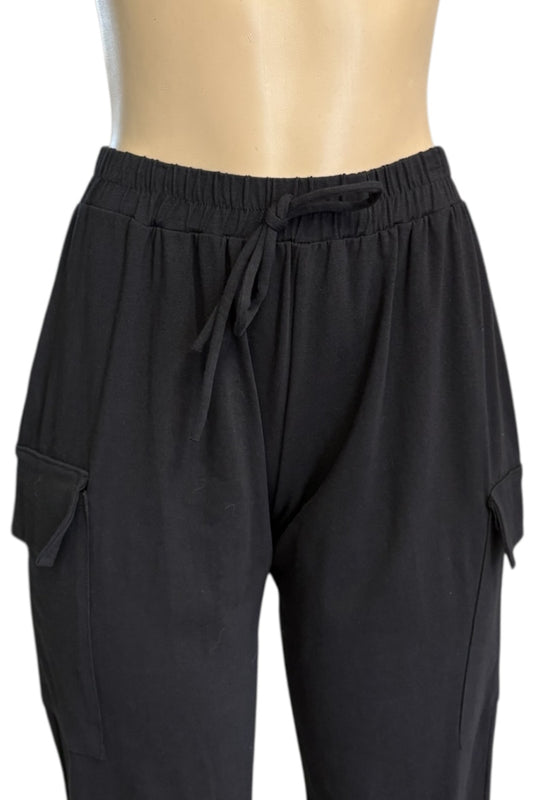 Black drawstring cargo pants displayed on a beige mannequin torso against a white background.