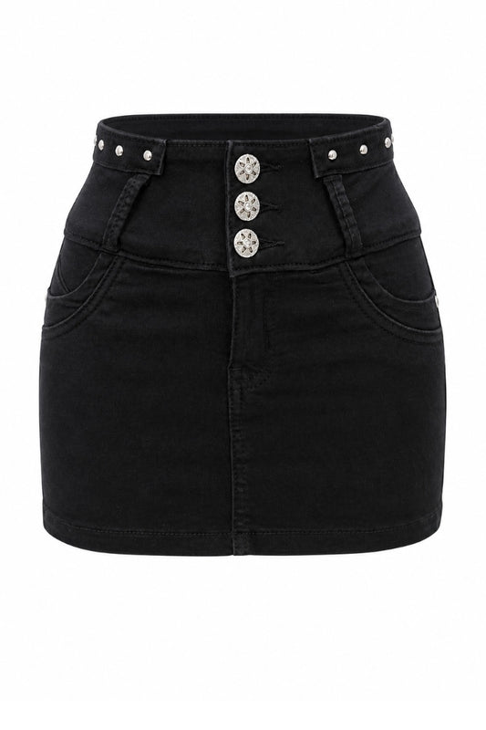 Black Button Front Mini Skirt with a white background