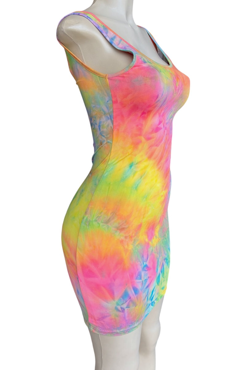Multicolored tie-dye dress on a mannequin against a white background