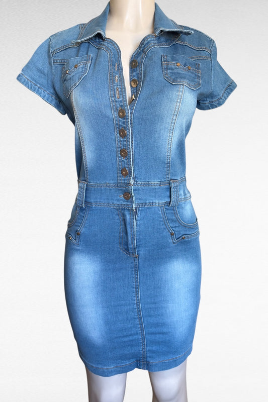 Blue denim dress on a mannequin against a white background