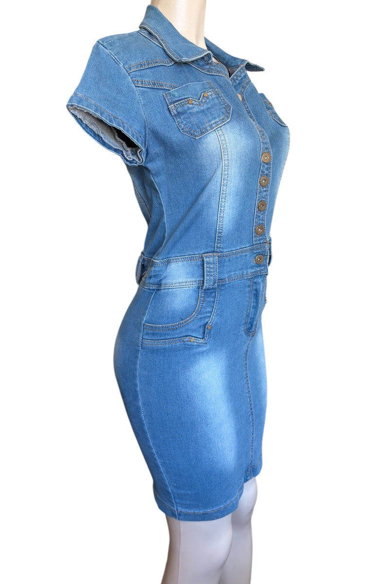 Blue denim dress on a mannequin against a white background