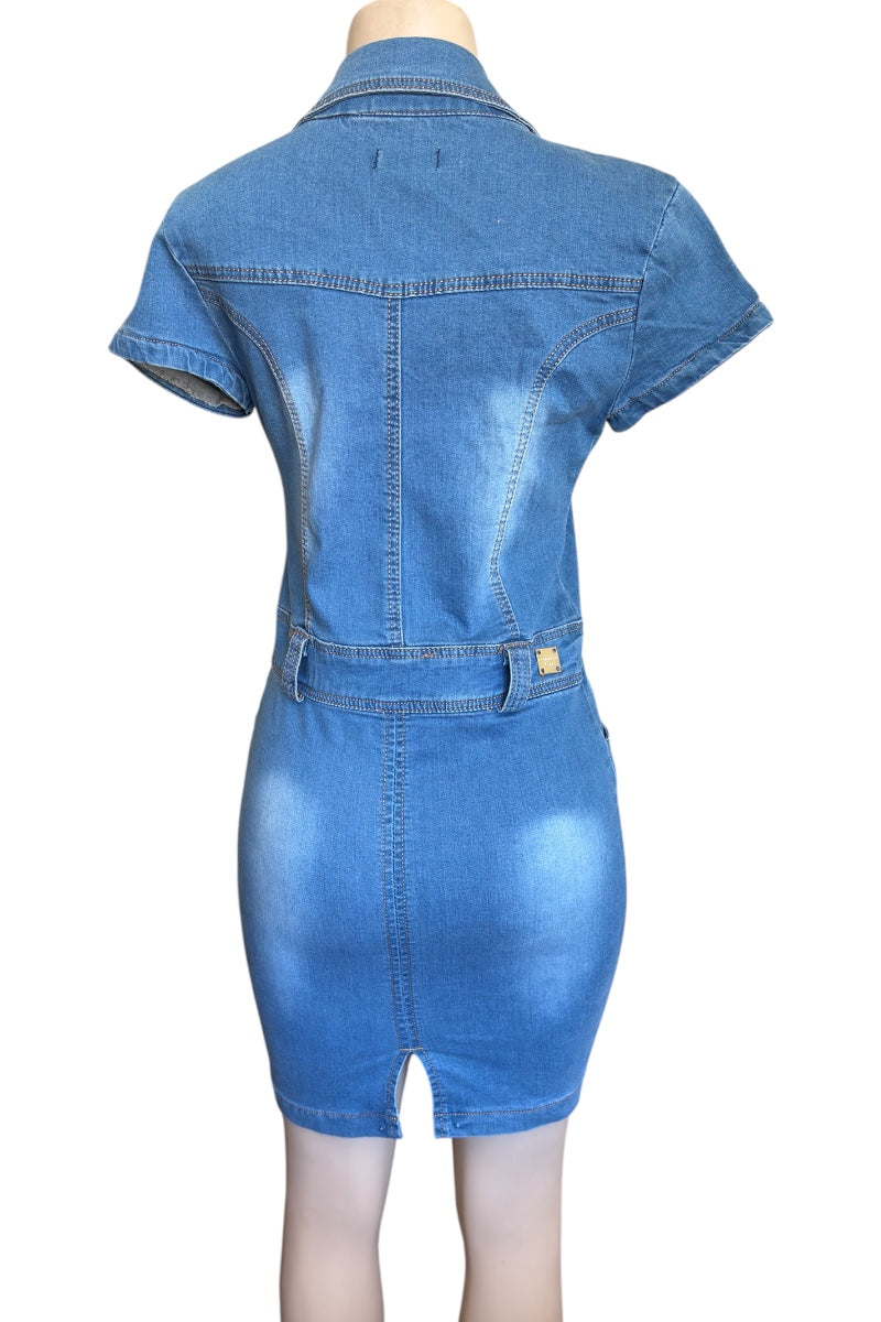 Blue denim dress on a white background