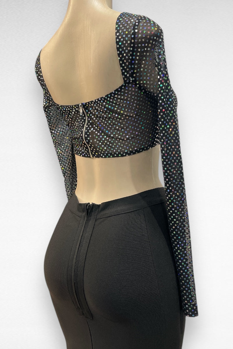 Dotted Sequin Long Sleeve Crop Top