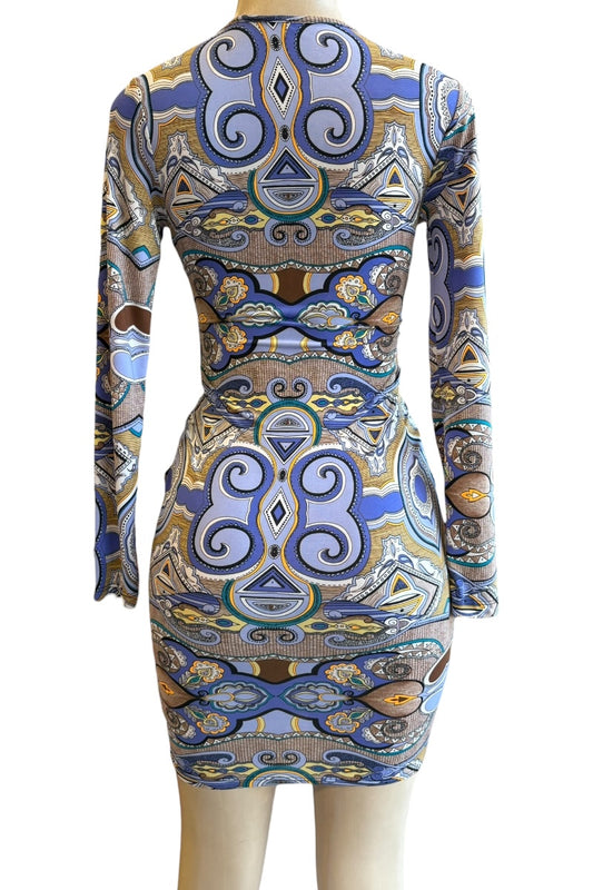 Patterned dress on a mannequin with a white background