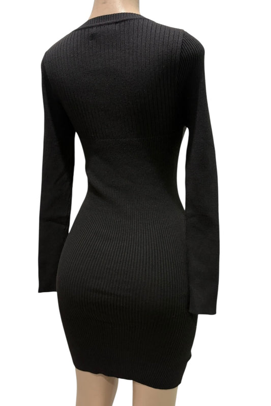 Black ribbed dress on a mannequin against a white background
