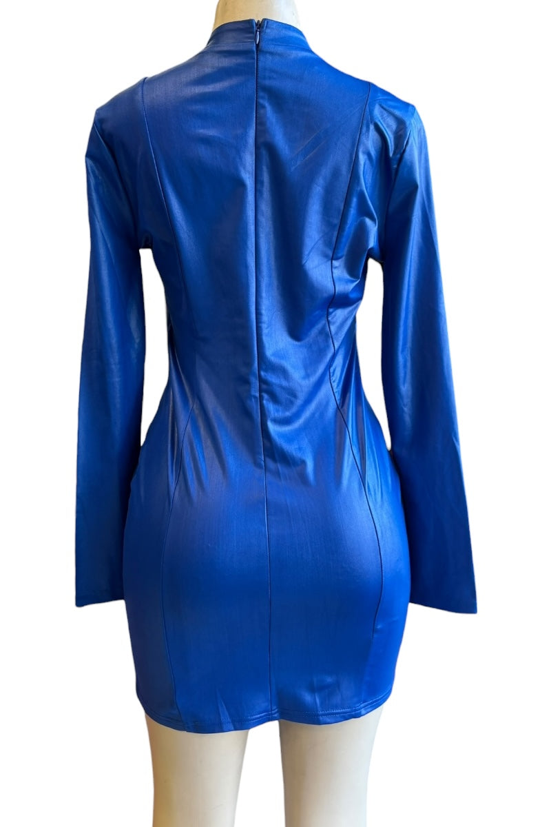 Blue metallic dress on a mannequin against a white background