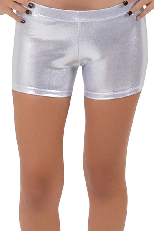 Silver metallic shorts worn by a person on a white background