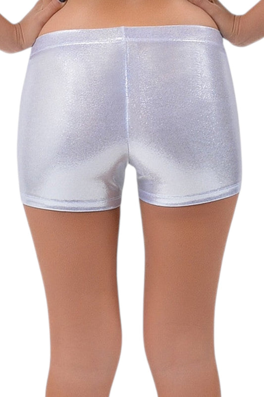 Silver metallic shorts worn by a person on a white background