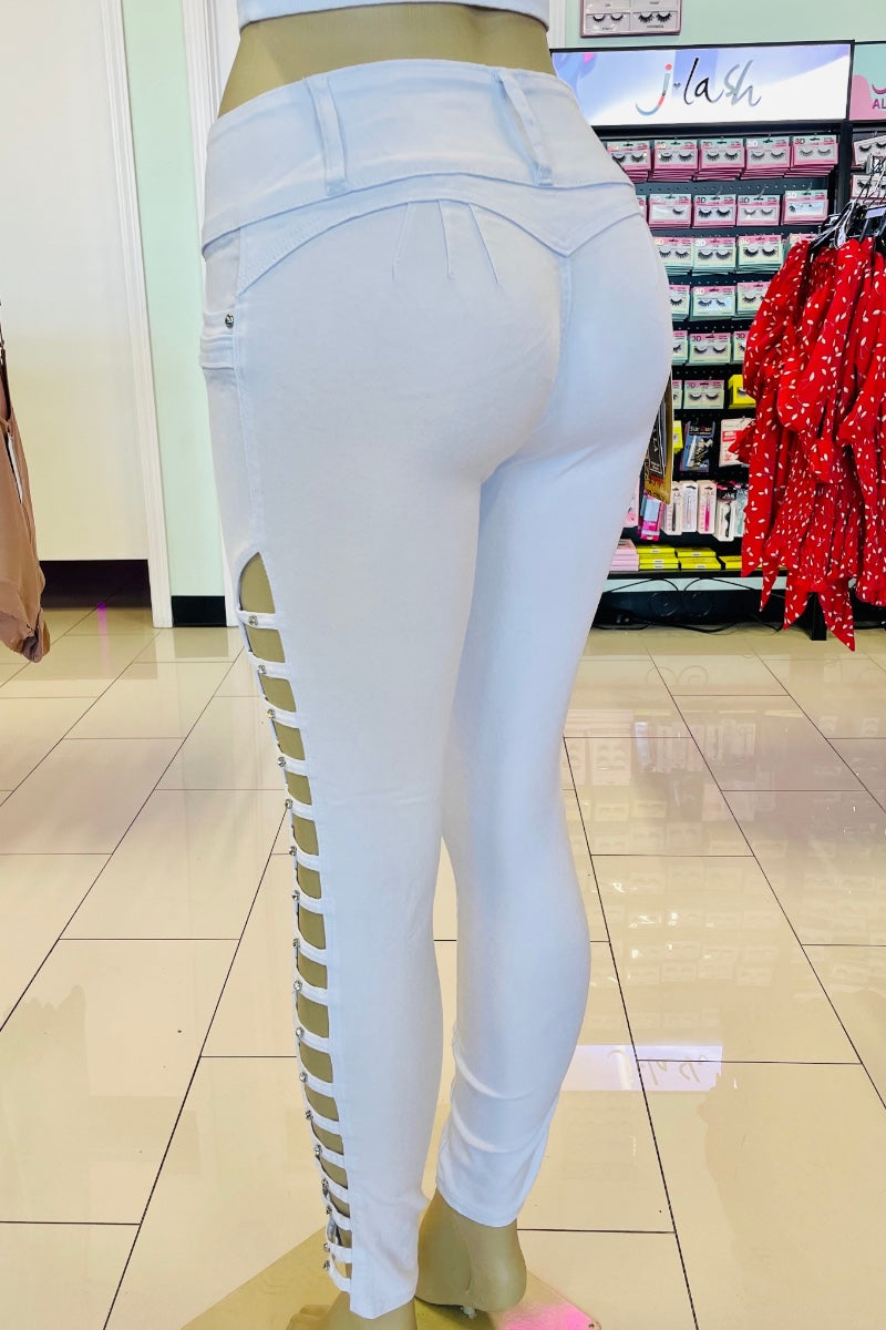 White Skinny Jeans with Side Cutouts