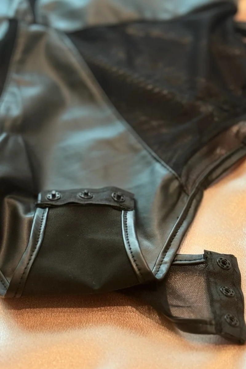 Faux Leather and Mesh Bodysuit Teddy