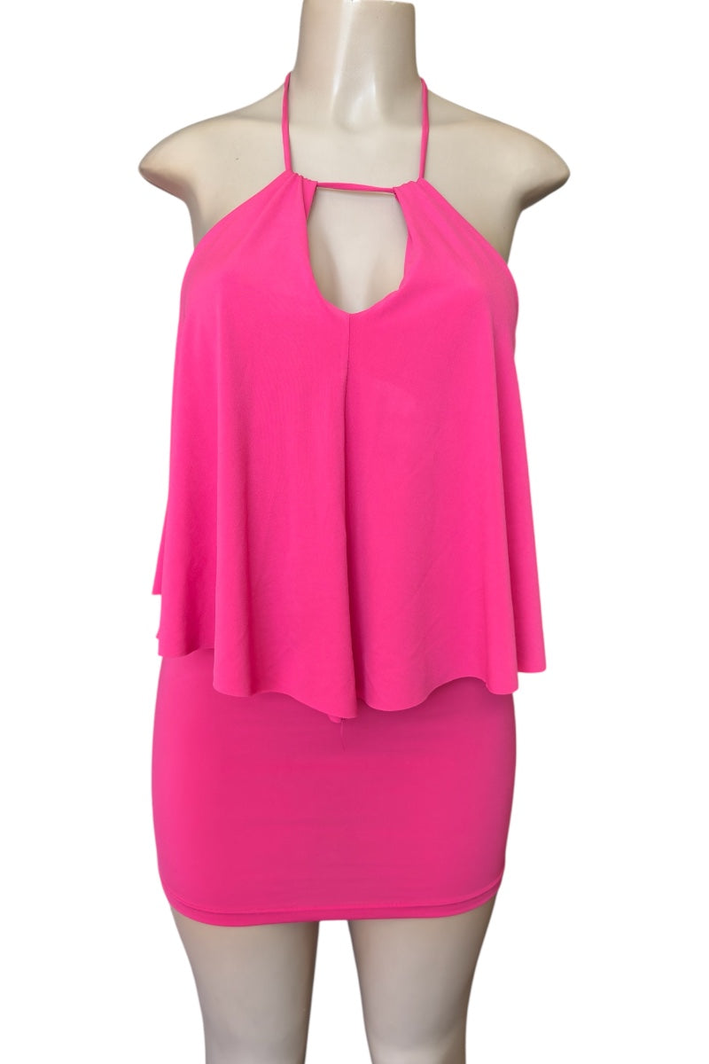 Pink halter neck dress on a mannequin against a white background
