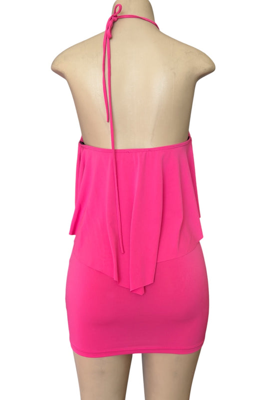 Pink dress with halter neck on a mannequin against a white background