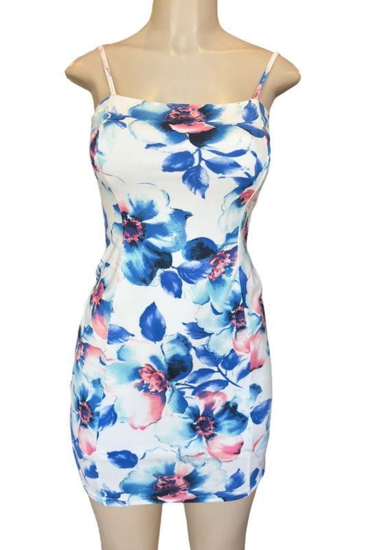 Floral dress on a mannequin with a white background