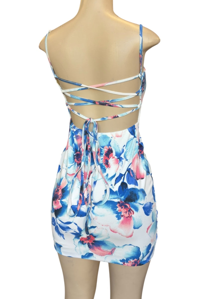 Floral dress on a mannequin with a white background